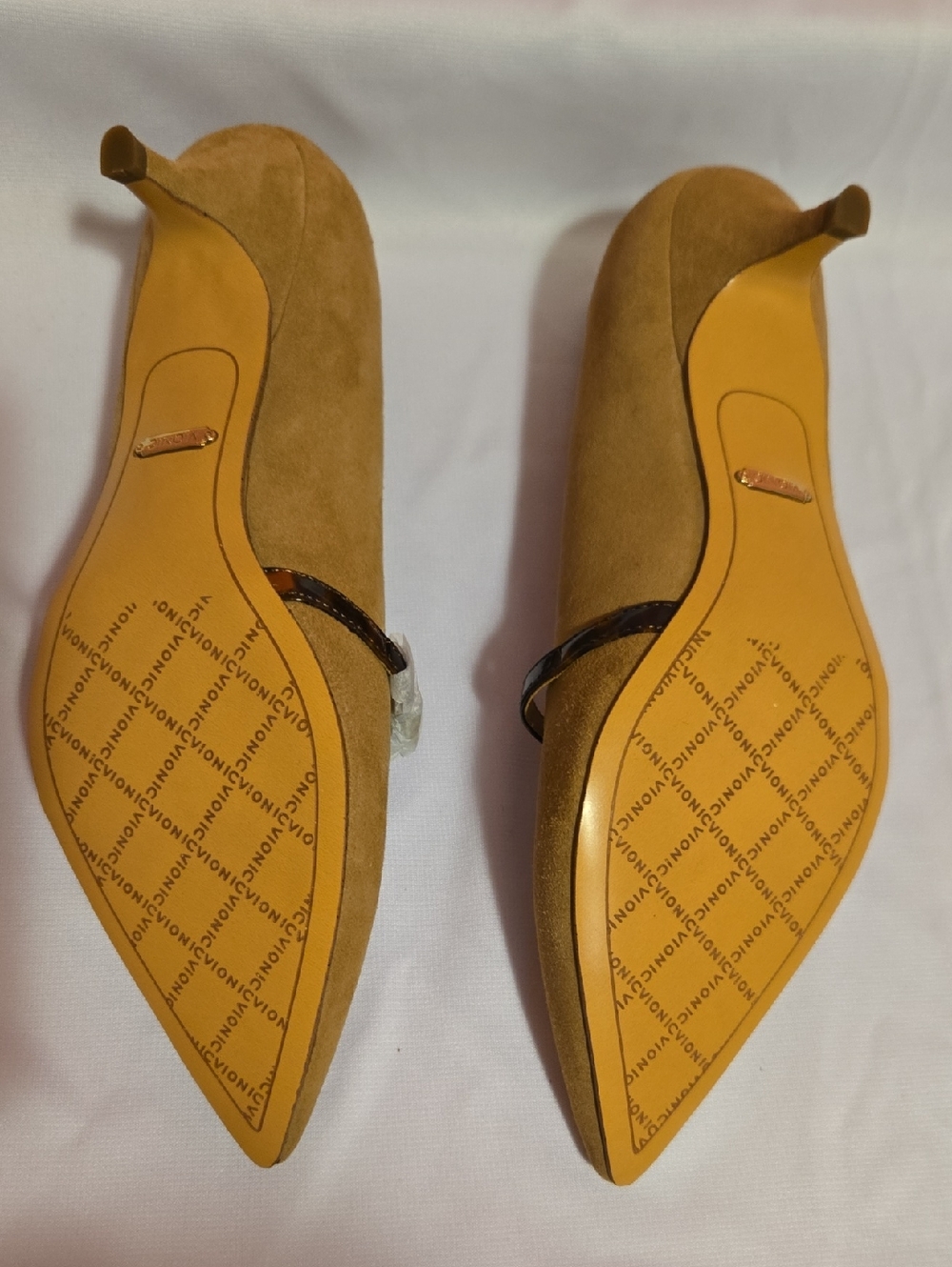 Vionic Tan Suede Pointed Mary Jane Pumps with Dark Brown Strap - Picture 3 of 5